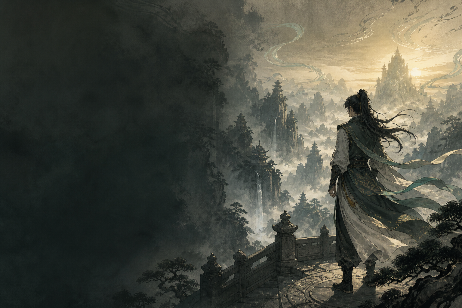 A cultivator overlooking a vast mountain realm at dawn